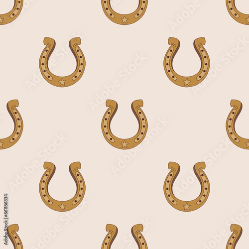 Lucky horseshoe howdy western vector seamless pattern. Groovy wild west background.