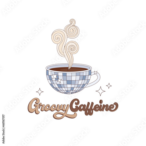 Retro style hot strong black caffeine drink in a disco ball cup vector illustration isolated on white. Groovy coffee print.