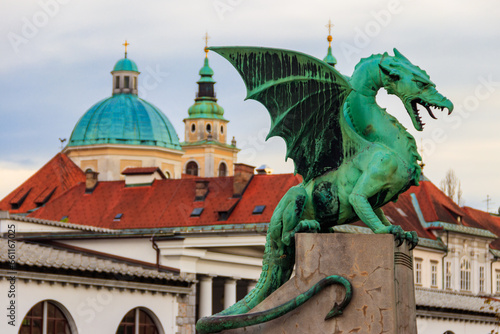 Sculpture of dragon on Dragon bridge in Ljubljana, Slovenia