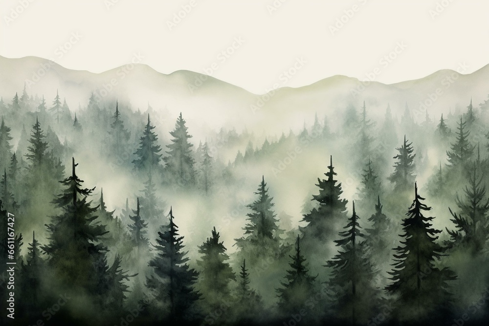 Continuous motif of misty coniferous woods. Evergreen trees set against a blank backdrop. Generative AI