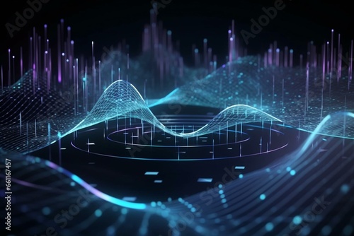 Blockchain data fields, network connection, AI concepts, digital communication, scientific inquiry, 3D illustrations of musical waves. Generative AI