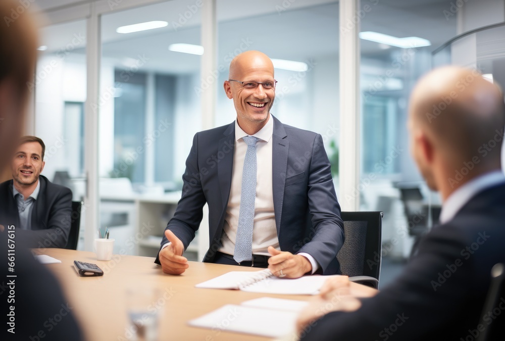 Smiling businessman explaining a new project to his work colleagues in the boardroom. Teamwork. Generative AI Smiling businessman explaining a new project to his work colleagues in the boardroom. Teamwork. Generative AI