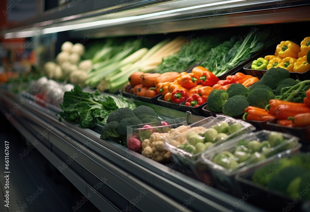Close up, Fruits and vegetables in the refrigerated shelf of a supermarket. Generative AI