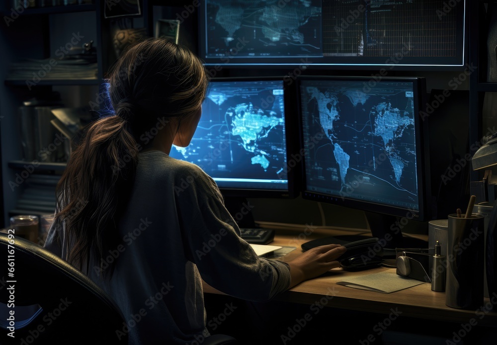 IT specialist works on personal computers with screens displaying programs and graphics. Generative AI IT specialist works on personal computers with screens displaying programs and graphics. Generative AI