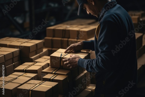  Man grabbing a cardboard box, preparing it for shipping in an e-commerce warehouse. Logistics. Generative AI