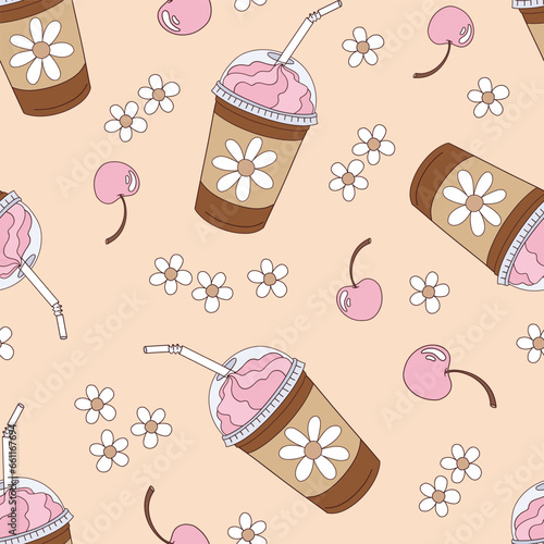 Retro style hippie a cup of coffee to go cherry crema capuccino floral vector seamless pattern. Groovy coffee background.
