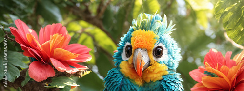 Cute funny cartoon parrot tropical leaves, flowers