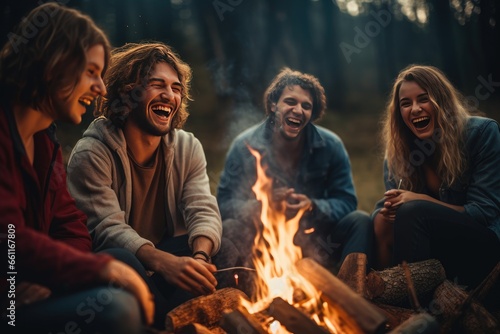 Cheerful group of millennials laughing and around a campfire, friendship concept. Friends fun during a camping adventure in nature, generative ai