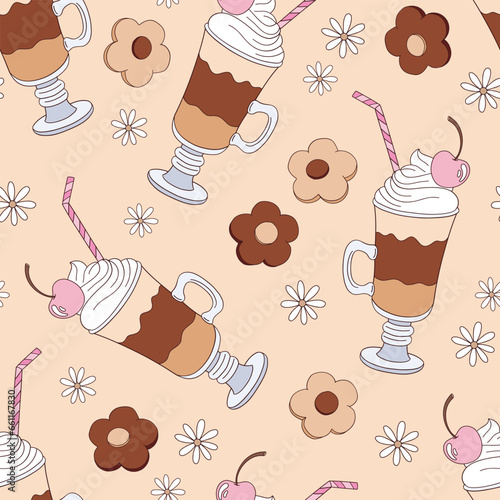 Retro style crema coffee mousse drink in a glass with straw and cherry on top vector seamless pattern. Groovy floral coffee background.