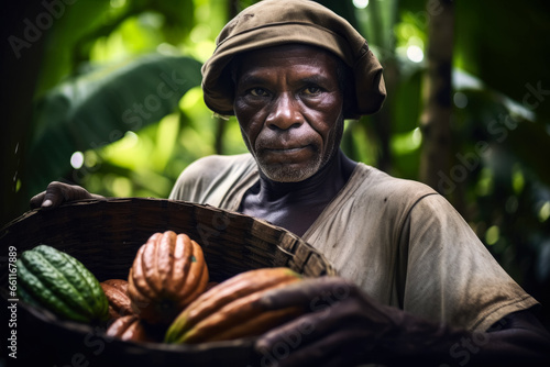 Cocoa picker, local African man working in jungle, holding cacao fruit with his hand. Generative AI