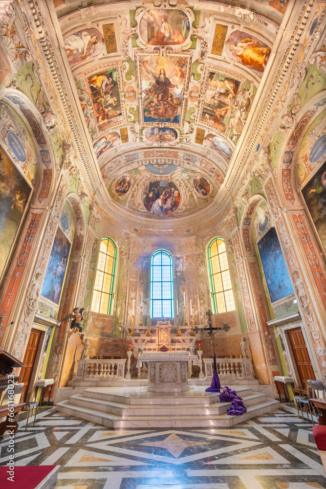 GENOVA, ITALY - MARCH 8, 2023: The presbytery of church Chiesa di San Rocco sopra Principe with the ceiling fresco by Giovanni Carlone (1584 – 1631).