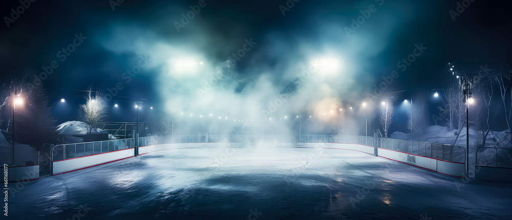 Empty Ice Rink Background. Professional Arena illuminated by lights, spotlights with smoke. Copyspace. Winter poster for hockey competitions. Ice skating. Stadium. Generative ai