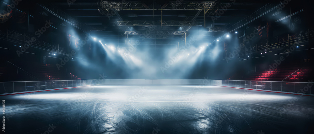 Empty Ice Rink Background. Professional Arena illuminated by lights, spotlights with smoke. Copyspace. Winter poster for hockey competitions. Ice skating. Stadium. Generative ai - obrazy, fototapety, plakaty 