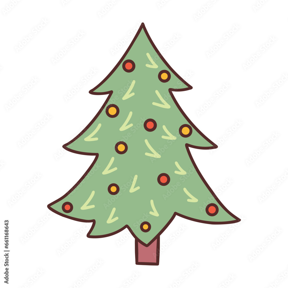 Simple Christmas tree decorated with New Years balls. Holiday card. Colorful hand drawn vector illustration isolated doodle. Merry Christmas and Happy New Year. Festive winter season Simple Christmas tree decorated with New Years balls. Holiday card. Colorful hand drawn vector illustration isolated doodle. Merry Christmas and Happy New Year. Festive winter season