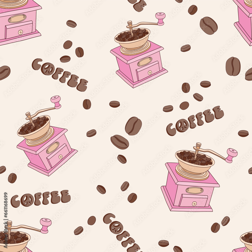 Retro style coffee making equipment pink coffee mill vector seamless pattern. Groovy coffee background.