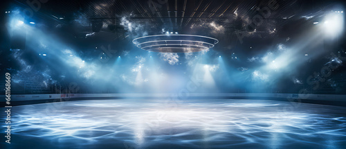 Empty Ice Rink Background. Professional Arena illuminated by lights, spotlights with smoke. Copyspace. Winter poster for hockey competitions. Ice skating. Stadium. Generative ai