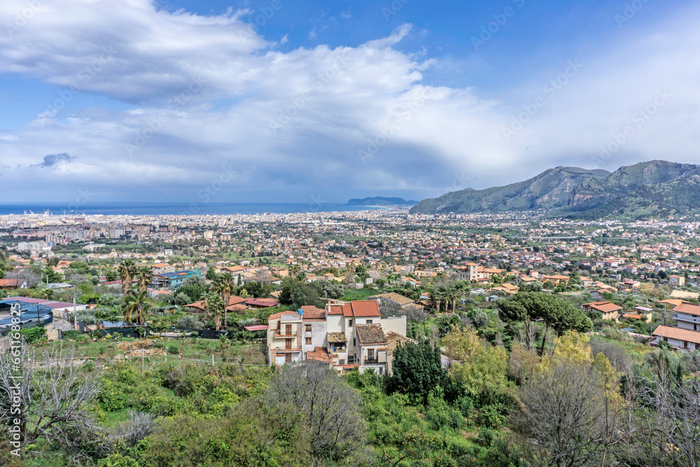 A panoramic view over the city of Palermo, Sicily, Italy as viewed from the town of Monreale.