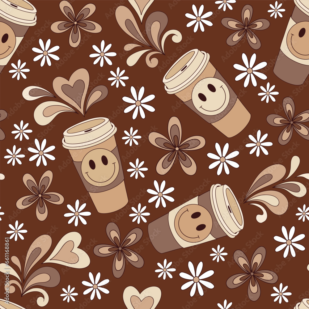 Retro style hippie a cup of coffee to go smiley face floral vector seamless pattern. Groovy coffee background.
