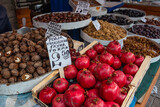 Pomegranates and nuts on Kapani food market in Thessaloniki city, Greece