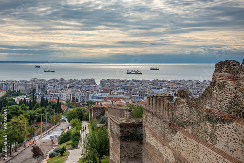 Thermaic Gulf seen from eastern part of Walls of Thessaloniki, remains of Byzantine walls in Thessaloniki, Greece photo