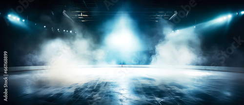 Empty Ice Rink Background. Professional Arena illuminated by lights, spotlights with smoke. Copyspace. Winter poster for hockey competitions. Ice skating. Stadium. Generative ai © Inai