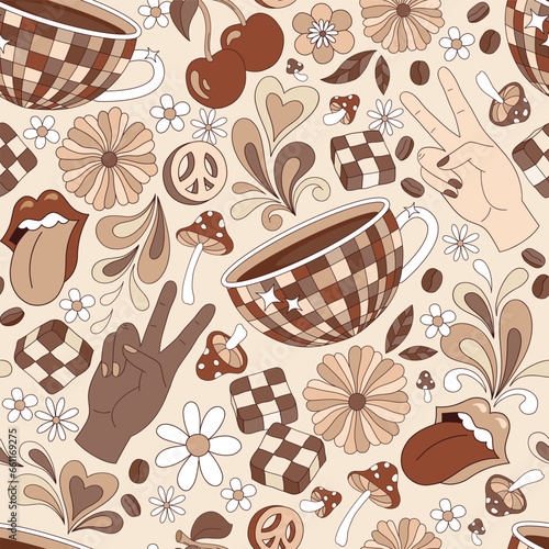 Boho hippie floral cuppa coffee peace gesture disco vector seamless pattern. Groovy coffee background.