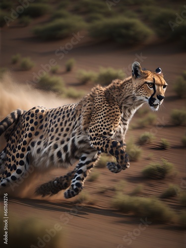 Cheetah in Motion.Feel the exhilaration of speed and grace as a cheetah dashes through the African landscape. The moment of motion  athletic prowess and the vast expanse of its domain. Ai Generated