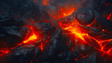 Background of volcano lava flow over black background with flames and smoke. Ai generative.