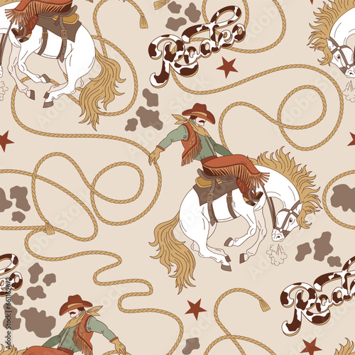 Howdy Western cowboy rodeo on wild horse vector seamless pattern. Groovy wild west background.