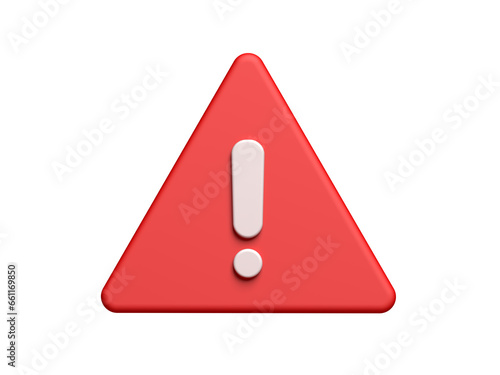Red warning sign. Isolated. Exclamation mark. Attention sign icon. Danger symbol. 3d illustration.