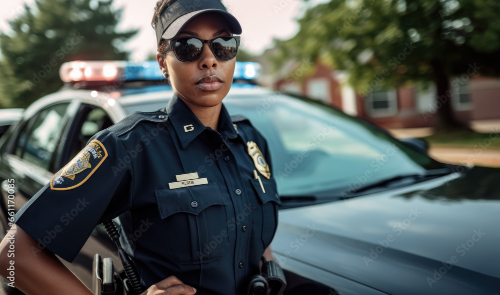 Young woman working as police officer or cop, closeup portrait, blurred vehicle in background. Generative AI Young woman working as police officer or cop, closeup portrait, blurred vehicle in background. Generative AI
