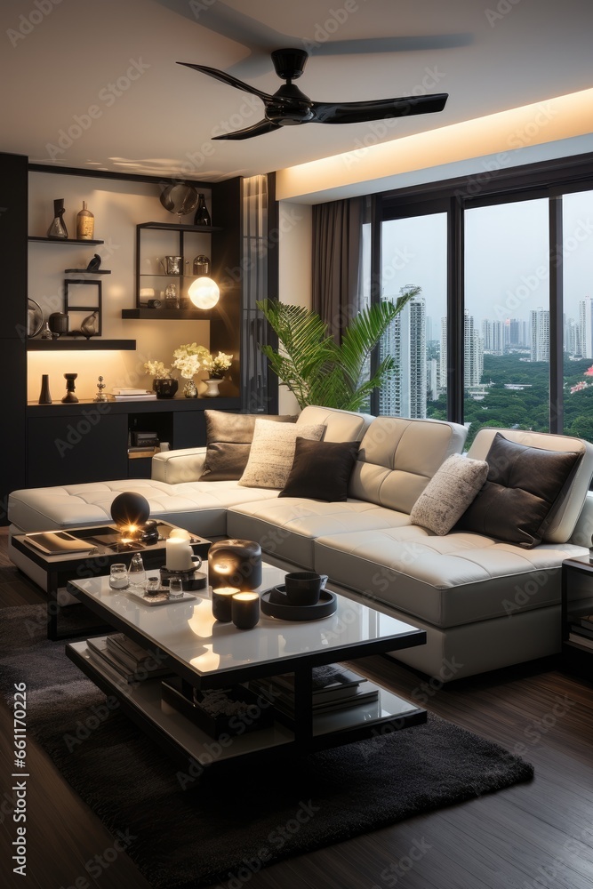 A minimalist dark style with a large area of white space in the large flat living room design