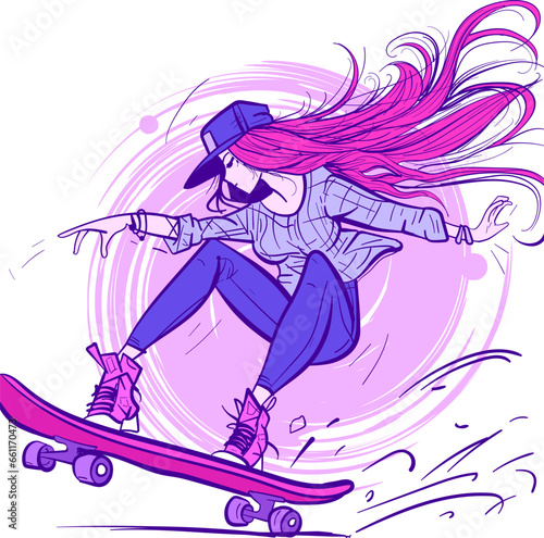 Digital artwork of a redhead girl wearing a cool urban hat and doing tricks on her skateboard. Skater with jeans performing on the board.