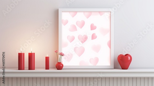 A romantic Valentine's Day wall mockup with heart-shaped decorations and a heartwarming frame, perfect for love-themed artwork.
