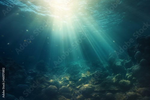 Background of sunbeams and deep sea underwater. Generative AI © William