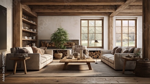 A rustic-themed living room with wooden beams and earthy tones.