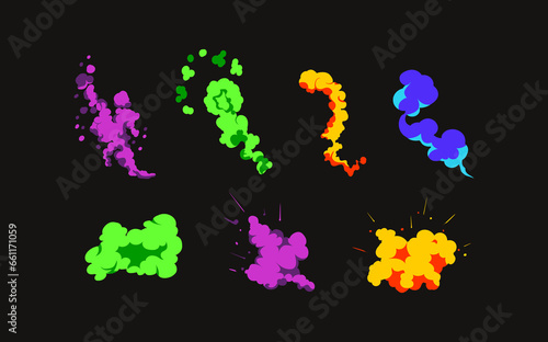 Smoke explosion animation of an explosion with comic flying clouds. Set of isolated vector illustrations to create an explosion effect. The effect of smoke movement  sparkle and dynamic boom.