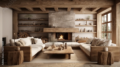 A rustic-themed living room with wooden beams and earthy tones.