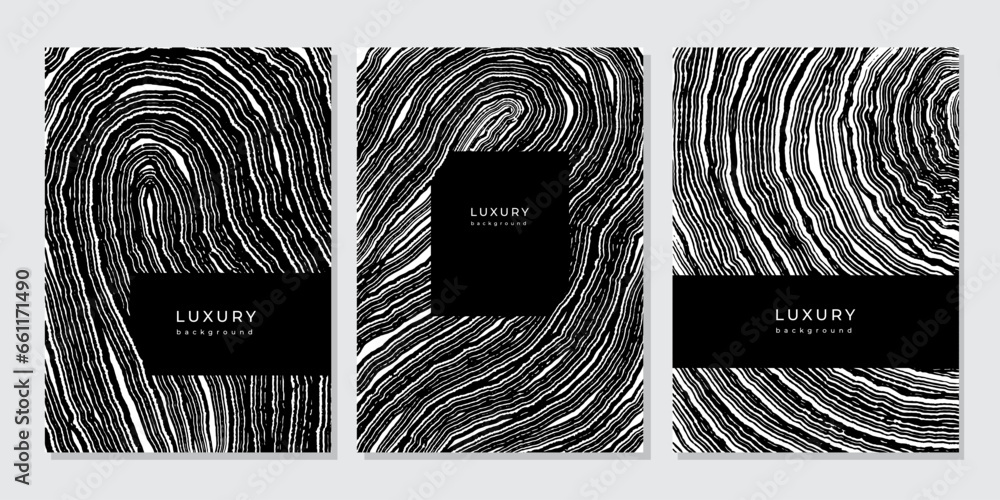 Set of luxury black and white backgrounds with wood annual rings texture. Template with shiny tree ring pattern. Stamp of tree trunk in section. Wooden concentric circles. Grunge background - obrazy, fototapety, plakaty 