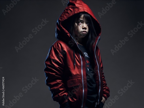 A mischievous female child with a devilish smirk, wearing a bright red hoodie and a pair of ripped jeans. Ai Generated