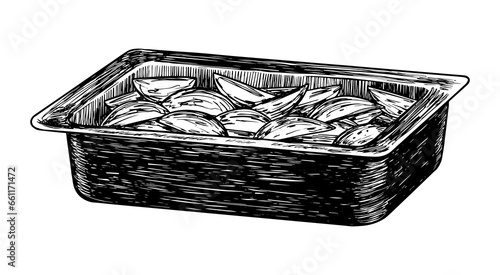 Sketch style baking dish with potatoes. Black and white baking tray with food. Engraving style kitchenware. Hand drawn kitchen utensils with baked food