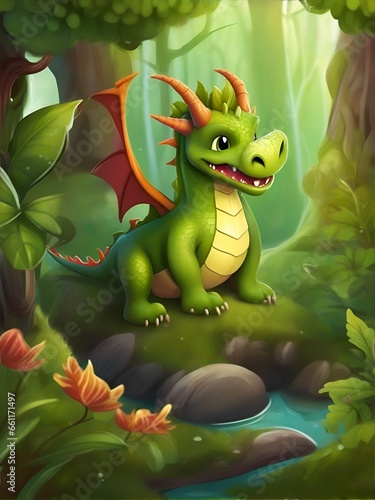 Friendly dragon living in a magical forest. Ai Generated © Alena Girya