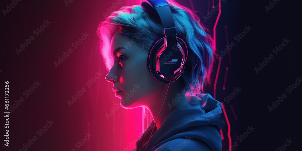 girl playing professional videogames with headphones