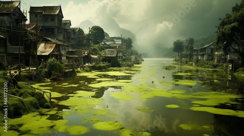 A serene lakeside town with algae blooms caused by water pollution.