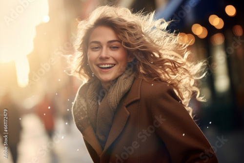 AI generated image of happy trendy beautiful blond woman with wavy hair wearing coat and walking on a Christmas decorated city street photo