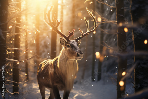 AI generated image of reindeer in the snowy forest with Christmas light at sunset photo