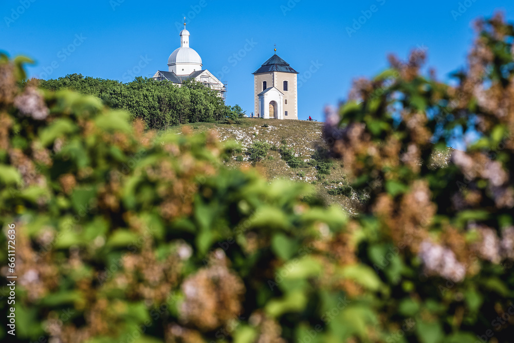 View on Holy Hill with Saint Sebastian chapel in Mikulov town, Czech Republic