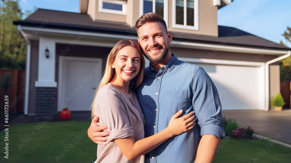 Fototapeta premium couple holding each other in arms in front of a house, smiling 