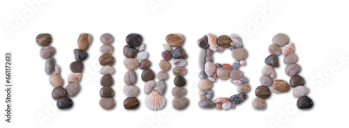 The word "VIMBA" is lined with shells and stones of different shapes and colors on a transparent background. Types of fish and seafood, price tag, sea food, fish market, sea alphabet