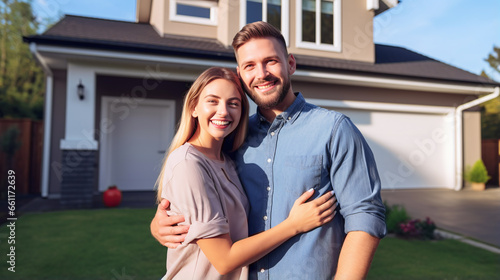 couple holding each other in arms in front of a house, smiling 